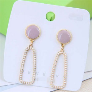 Pearl Embellished Geometric Design Hoop Resin Stud Earrings - Pink