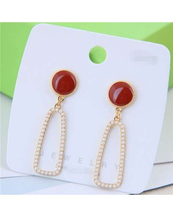 Pearl Embellished Geometric Design Hoop Resin Stud Earrings - Brown