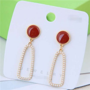 Pearl Embellished Geometric Design Hoop Resin Stud Earrings - Brown
