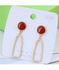 Pearl Embellished Geometric Design Hoop Resin Stud Earrings - Brown