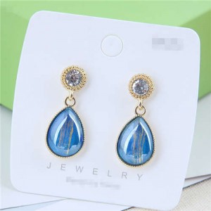 Elegant Golden Rimmed Waterdrop Style High Fashion Women Stud Earrings - Blue