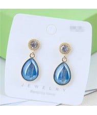 Elegant Golden Rimmed Waterdrop Style High Fashion Women Stud Earrings - Blue