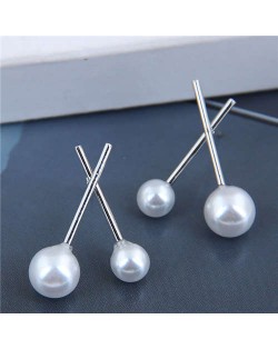 Korean Fashion Pearl Style Crossover Design Women Alloy Earrings - Silver