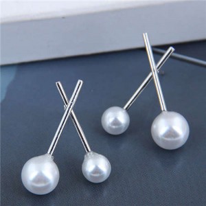 Korean Fashion Pearl Style Crossover Design Women Alloy Earrings - Silver