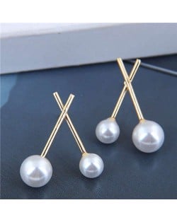 Korean Fashion Pearl Style Crossover Design Women Alloy Earrings - Golden