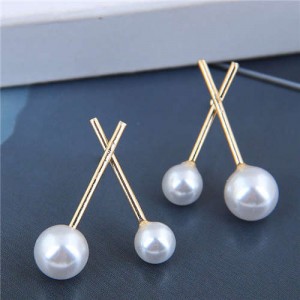 Korean Fashion Pearl Style Crossover Design Women Alloy Earrings - Golden