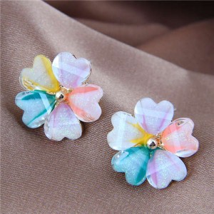 Colorful Heart Petals Flower Design High Fashion Women Alloy Earrings