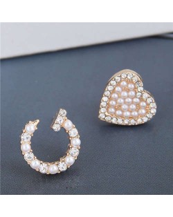 Pearl Inlaid Rivet and Heart Asymmetric Design Sweet Fashion Women Alloy Earrings