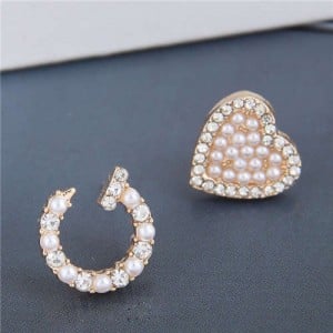 Pearl Inlaid Rivet and Heart Asymmetric Design Sweet Fashion Women Alloy Earrings