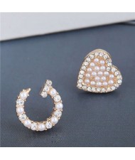 Pearl Inlaid Rivet and Heart Asymmetric Design Sweet Fashion Women Alloy Earrings