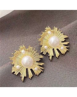Pearl Inlaid Golden Seashell Flower Design High Fashion Women Alloy Earrings