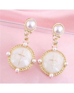 Cross Inlaid Golden Resin Round Pendant Design Pearl Fashion Women Stud Earrings