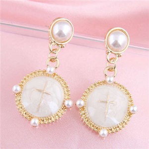 Cross Inlaid Golden Resin Round Pendant Design Pearl Fashion Women Stud Earrings