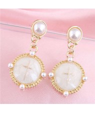 Cross Inlaid Golden Resin Round Pendant Design Pearl Fashion Women Stud Earrings