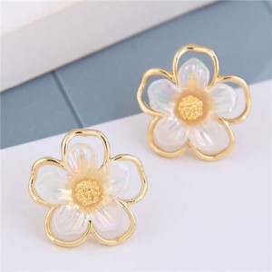Golden Rimmed Sweet Dimensional Flower Design Women Statement Stud Earrings