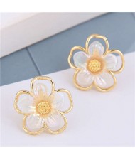 Golden Rimmed Sweet Dimensional Flower Design Women Statement Stud Earrings