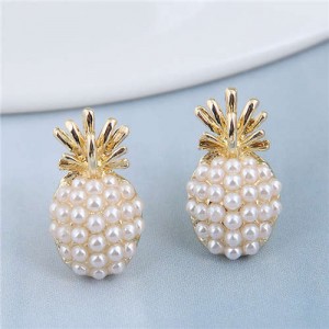 Pearl Inlaid Golden Pineapple Design Women Statement Earrings