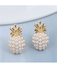 Pearl Inlaid Golden Pineapple Design Women Statement Earrings