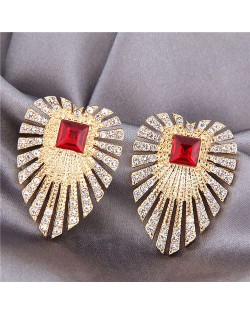 Red Gem Inlaid Shining Palm Leaves Design U.S. High Fashion Women Alloy Earrings