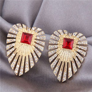 Red Gem Inlaid Shining Palm Leaves Design U.S. High Fashion Women Alloy Earrings