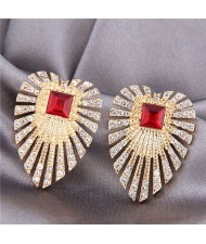 Red Gem Inlaid Shining Palm Leaves Design U.S. High Fashion Women Alloy Earrings