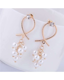Pearl Cluster Bowknot Design Sweet Fashion Women Alloy Statement Earrings