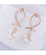 Pearl Cluster Bowknot Design Sweet Fashion Women Alloy Statement Earrings