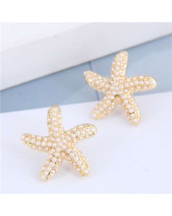 Pearl Inlaid Golden Star Fish Delicate Design Women Costume Stud Earrings