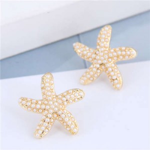 Pearl Inlaid Golden Star Fish Delicate Design Women Costume Stud Earrings