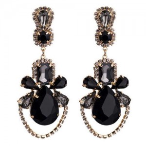 Acrylic Gem Vintage Dangling Floral Design High Fashion Women Alloy Stud Earrings - Black