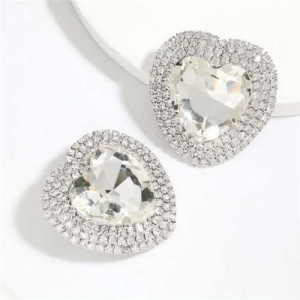 Glass Gem Inlaid Super Shining Heart Shape Women Fashion Costume Stud Earrings - Silver