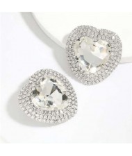 Glass Gem Inlaid Super Shining Heart Shape Women Fashion Costume Stud Earrings - Silver