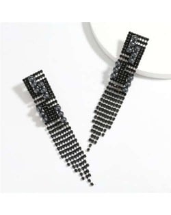 Unique Design Long Tassel High Fashion Rhinestone Women Evening Earrings - Black