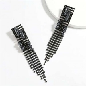 Unique Design Long Tassel High Fashion Rhinestone Women Evening Earrings - Black