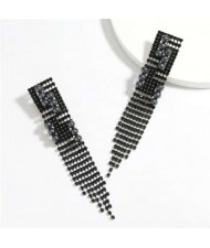 Unique Design Long Tassel High Fashion Rhinestone Women Evening Earrings - Black