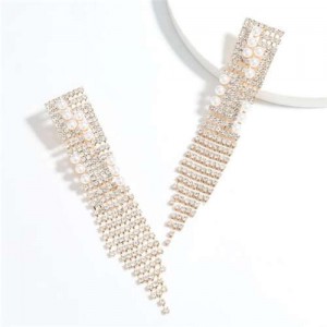 Unique Design Long Tassel High Fashion Rhinestone Women Evening Earrings - Golden