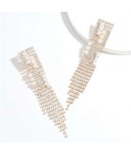 Unique Design Long Tassel High Fashion Rhinestone Women Evening Earrings - Golden