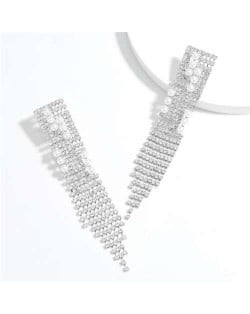 Unique Design Long Tassel High Fashion Rhinestone Women Evening Earrings - Silver