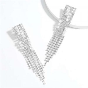 Unique Design Long Tassel High Fashion Rhinestone Women Evening Earrings - Silver