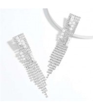 Unique Design Long Tassel High Fashion Rhinestone Women Evening Earrings - Silver