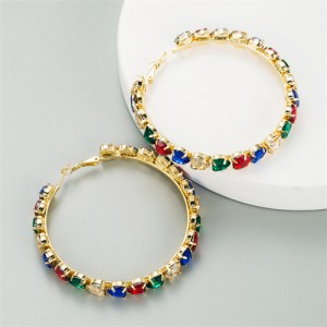 Heart Shape Glass Gems Inlaid High Fashion Middle Hoop Women Earrings - Multicolor