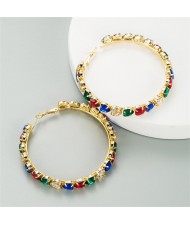 Heart Shape Glass Gems Inlaid High Fashion Middle Hoop Women Earrings - Multicolor