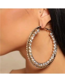 Heart Shape Glass Gems Inlaid High Fashion Middle Hoop Women Earrings - Golden
