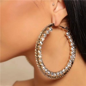 Heart Shape Glass Gems Inlaid High Fashion Middle Hoop Women Earrings - Golden