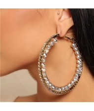 Heart Shape Glass Gems Inlaid High Fashion Middle Hoop Women Earrings - Golden