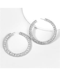 Heart Shape Glass Gems Inlaid High Fashion Middle Hoop Women Earrings - Silver