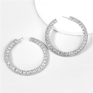 Heart Shape Glass Gems Inlaid High Fashion Middle Hoop Women Earrings - Silver