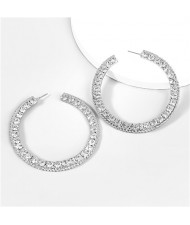 Heart Shape Glass Gems Inlaid High Fashion Middle Hoop Women Earrings - Silver