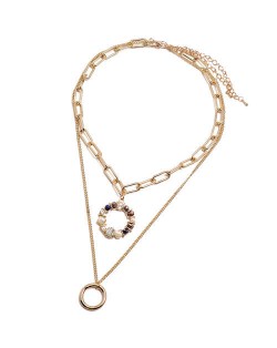 Crystal Floral Hoop Pendant Dual Layers High Fashion Women Statement Necklace - Purple