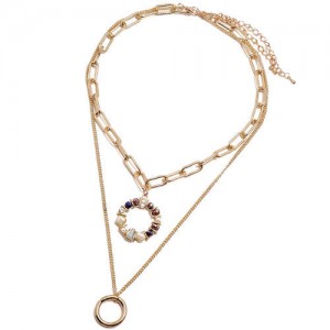 Crystal Floral Hoop Pendant Dual Layers High Fashion Women Statement Necklace - Purple